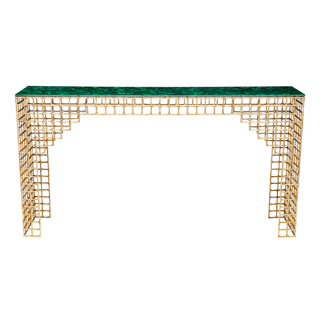 Custom Gilded Cage Console in Midas Gold with Malachite Top